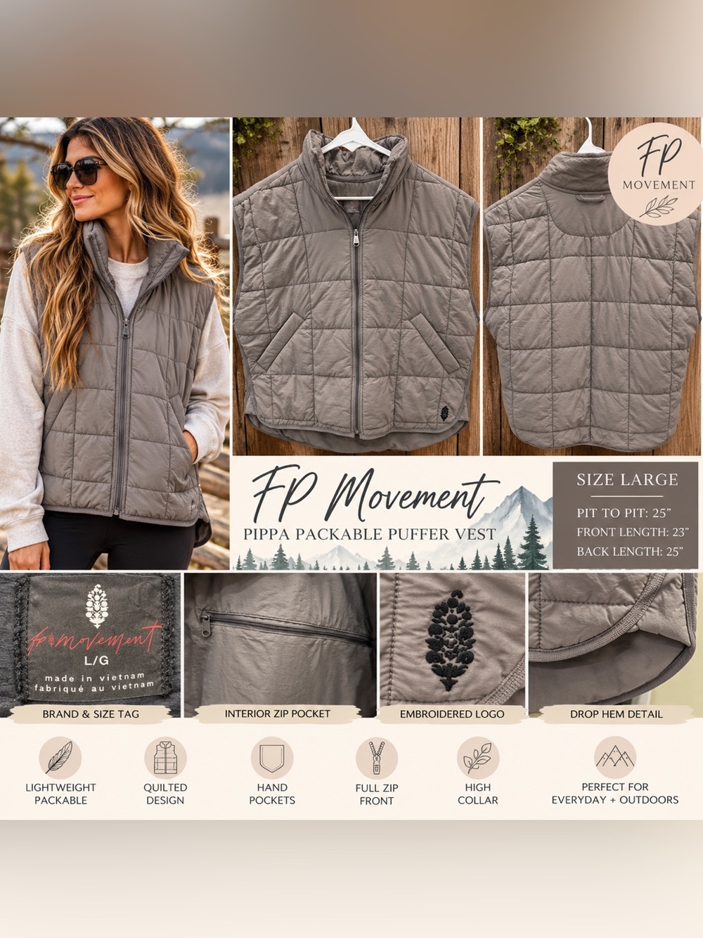 FP Movement Pippa Packable Puffer Vest – Gunmetal Gray – Size Large